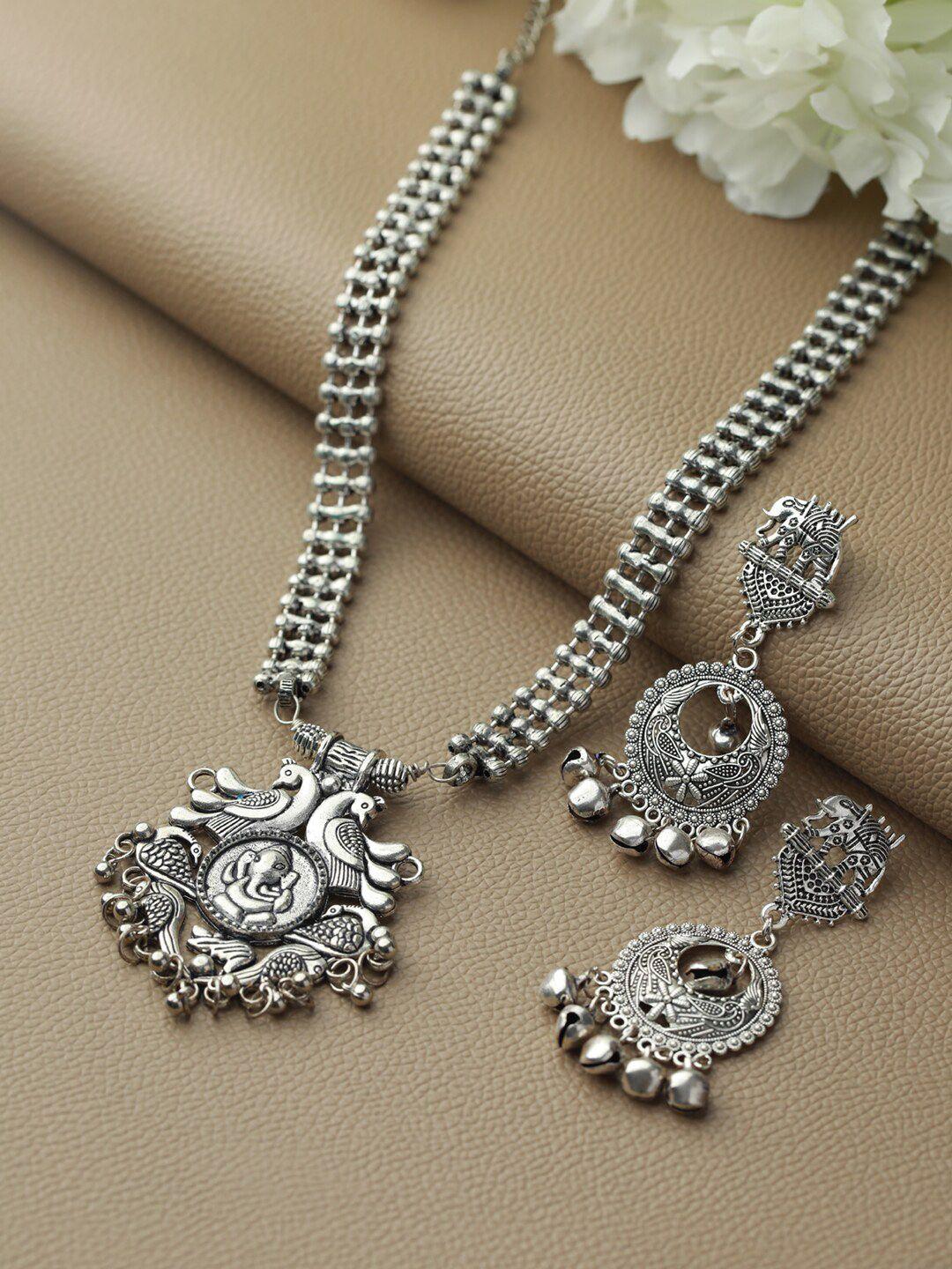 sangria silver-toned silver-plated stone studded & beaded peacock jewellery set