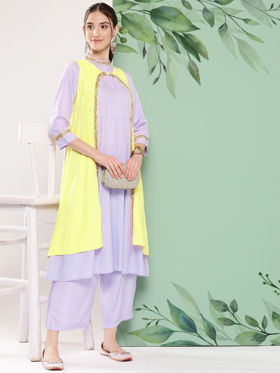 sangria solid kurta with palazzos & longline jacket