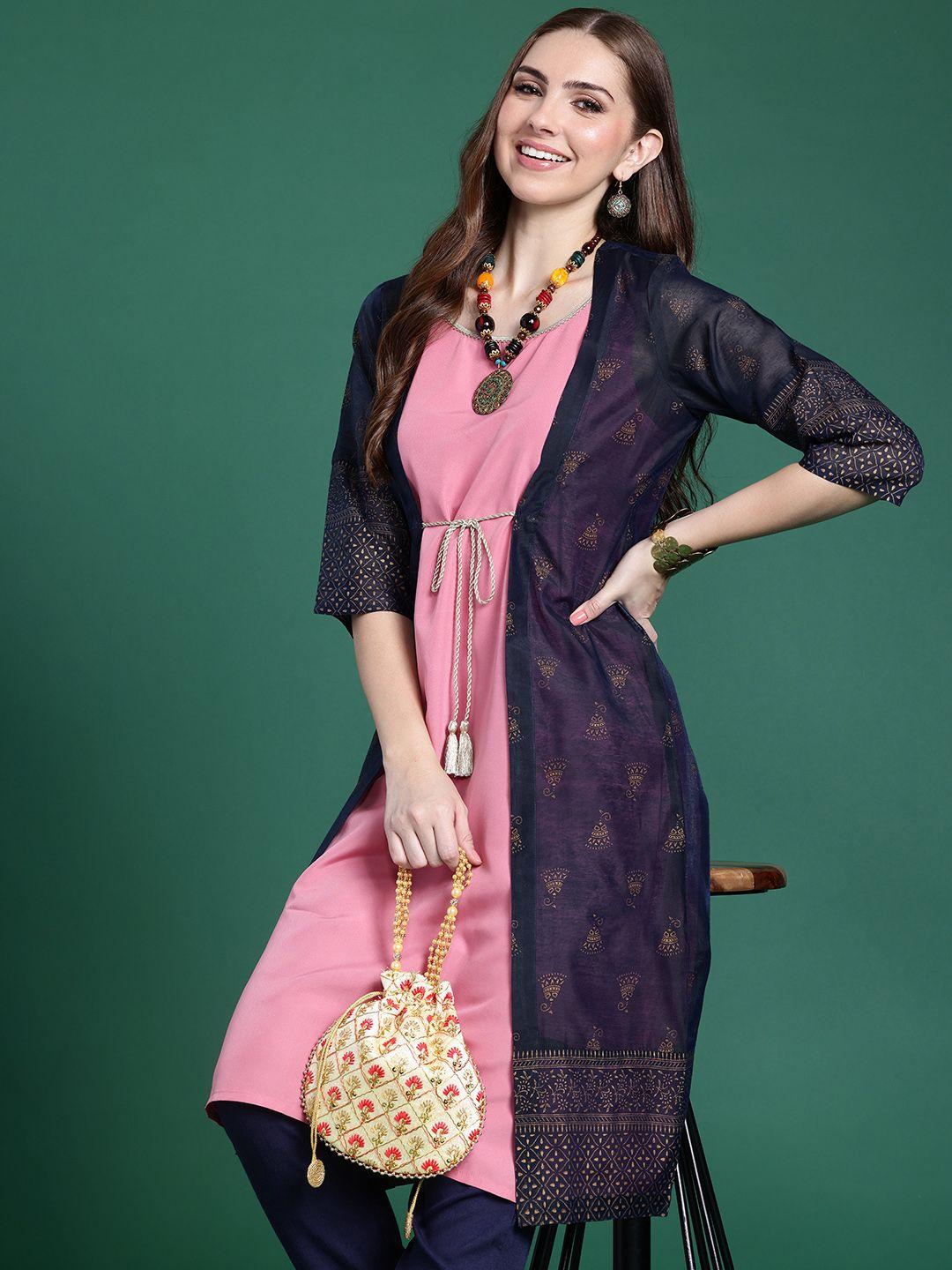 sangria solid zari kurta with jacket