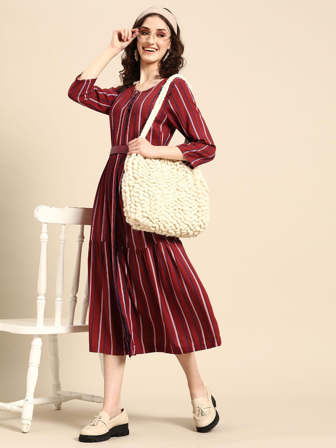 sangria striped a-line midi dress