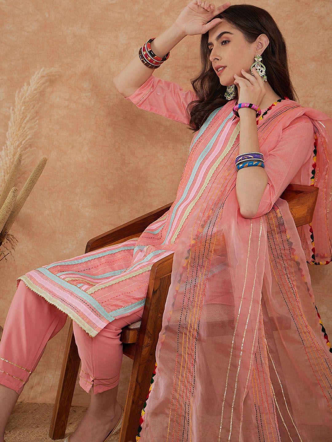 sangria striped gotta patti detailed pure cotton straight kurta & trouser with dupatta