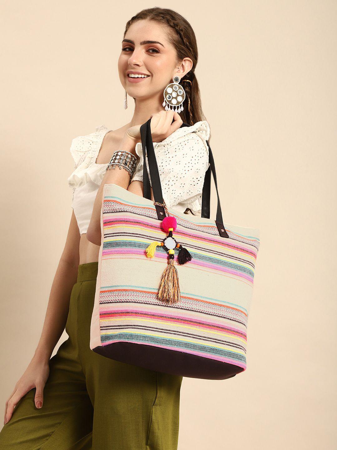 sangria striped oversized structured shoulder bag with mirror work tasselled detail
