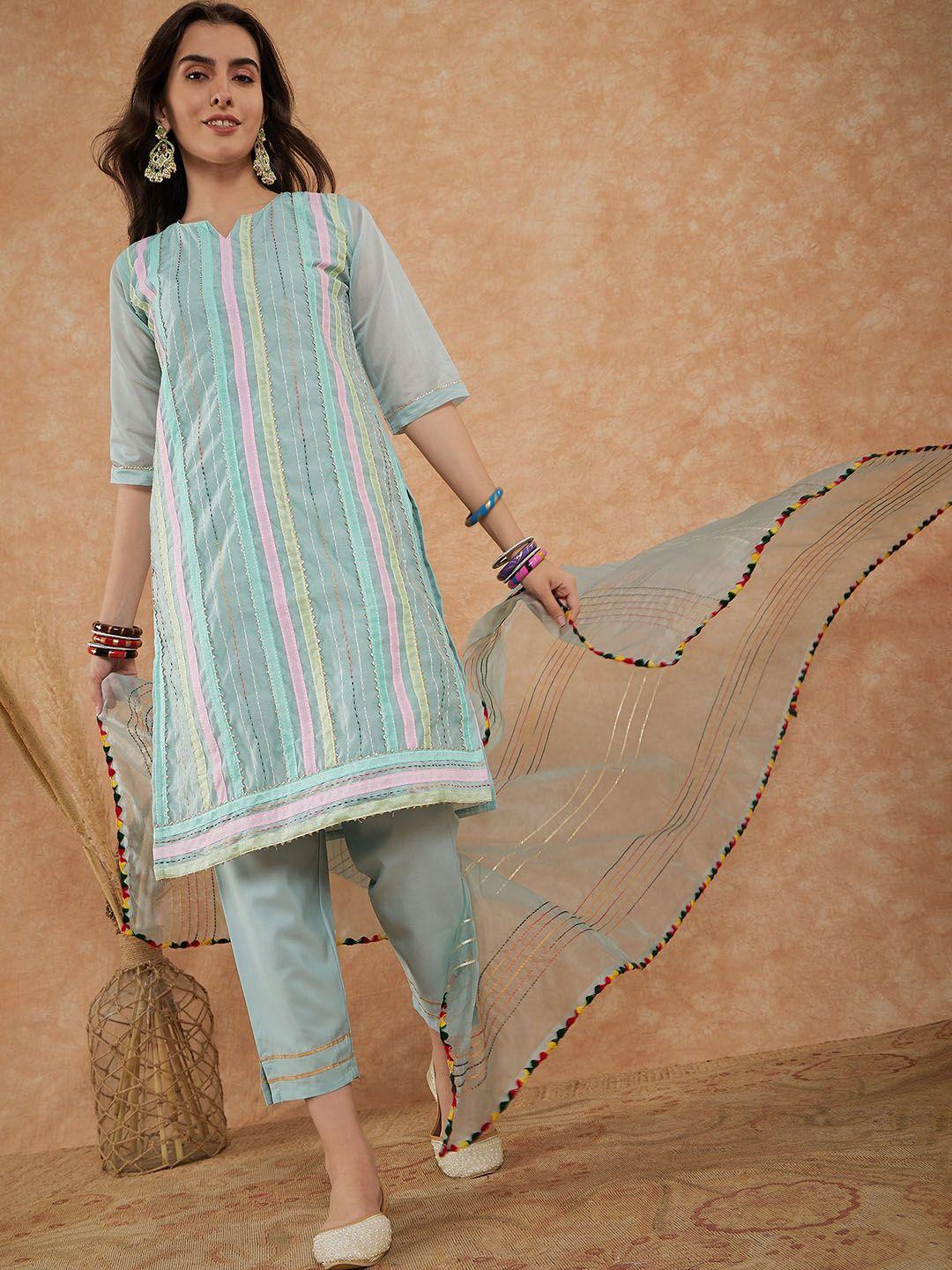 sangria striped round neck straight kurta & trouser with dupatta