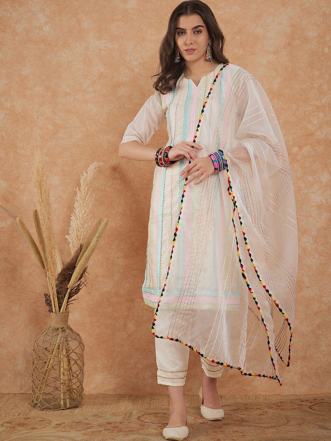 sangria striped thread work pure cotton kurta with trouser & dupatta