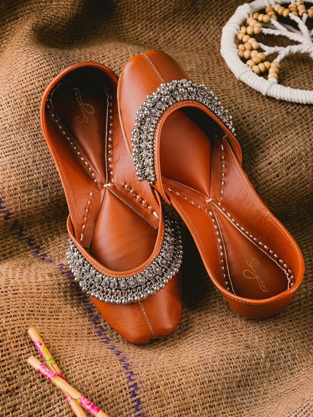 sangria tan brown and silver-toned embellished leather mojaris