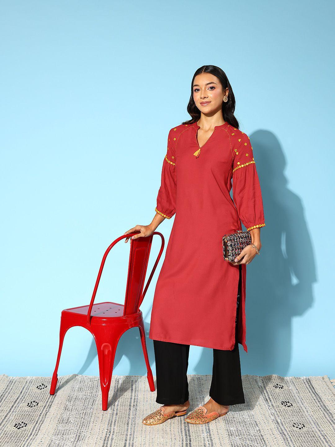 sangria tassel detailed mirror work puff sleeves kurta