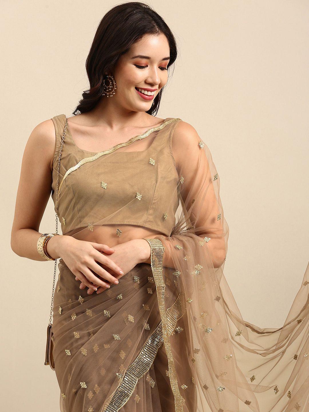 sangria taupe ethnic motifs sequinned net saree