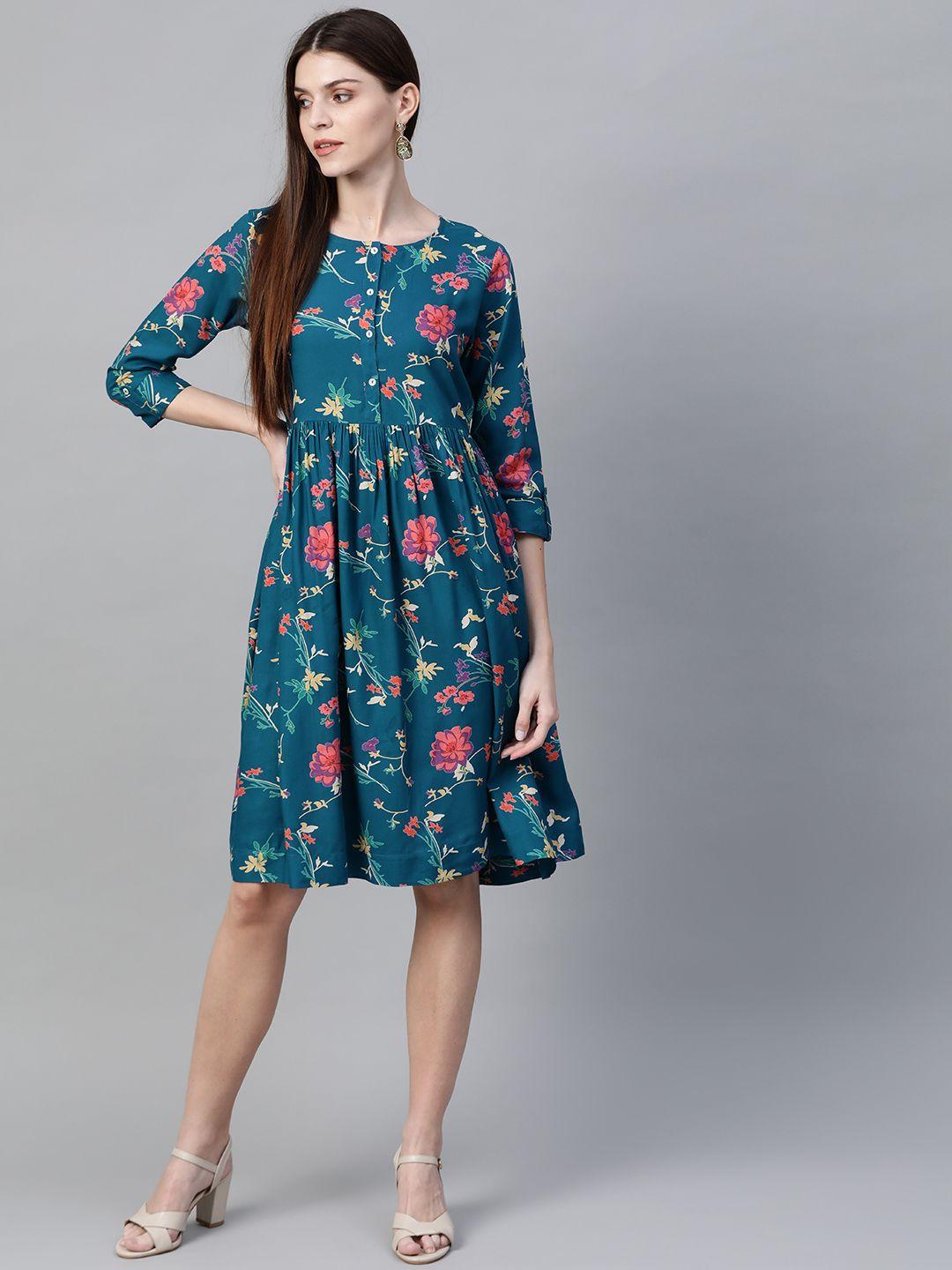 sangria teal blue & coral pink floral print a-line dress