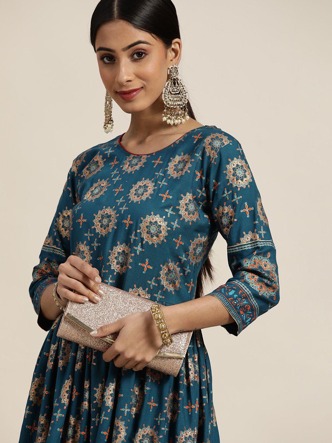 sangria teal blue & gold-toned ethnic motifs ethnic midi dress