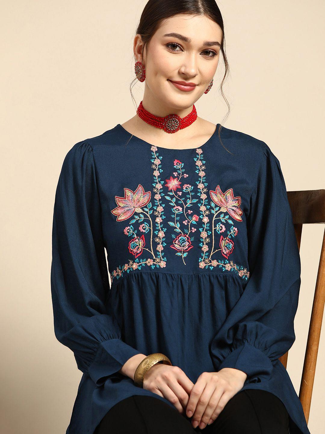 sangria teal blue & green ethnic motifs embroidered top