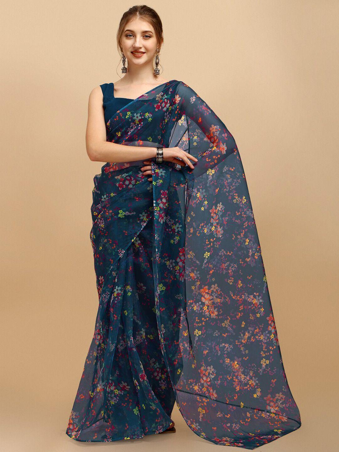 sangria teal blue & orange floral organza saree