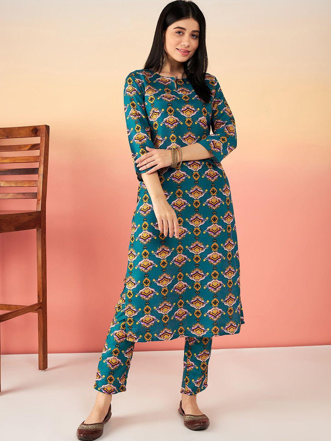 sangria teal blue & yellow ethnic motifs printed straight kurta with trousers