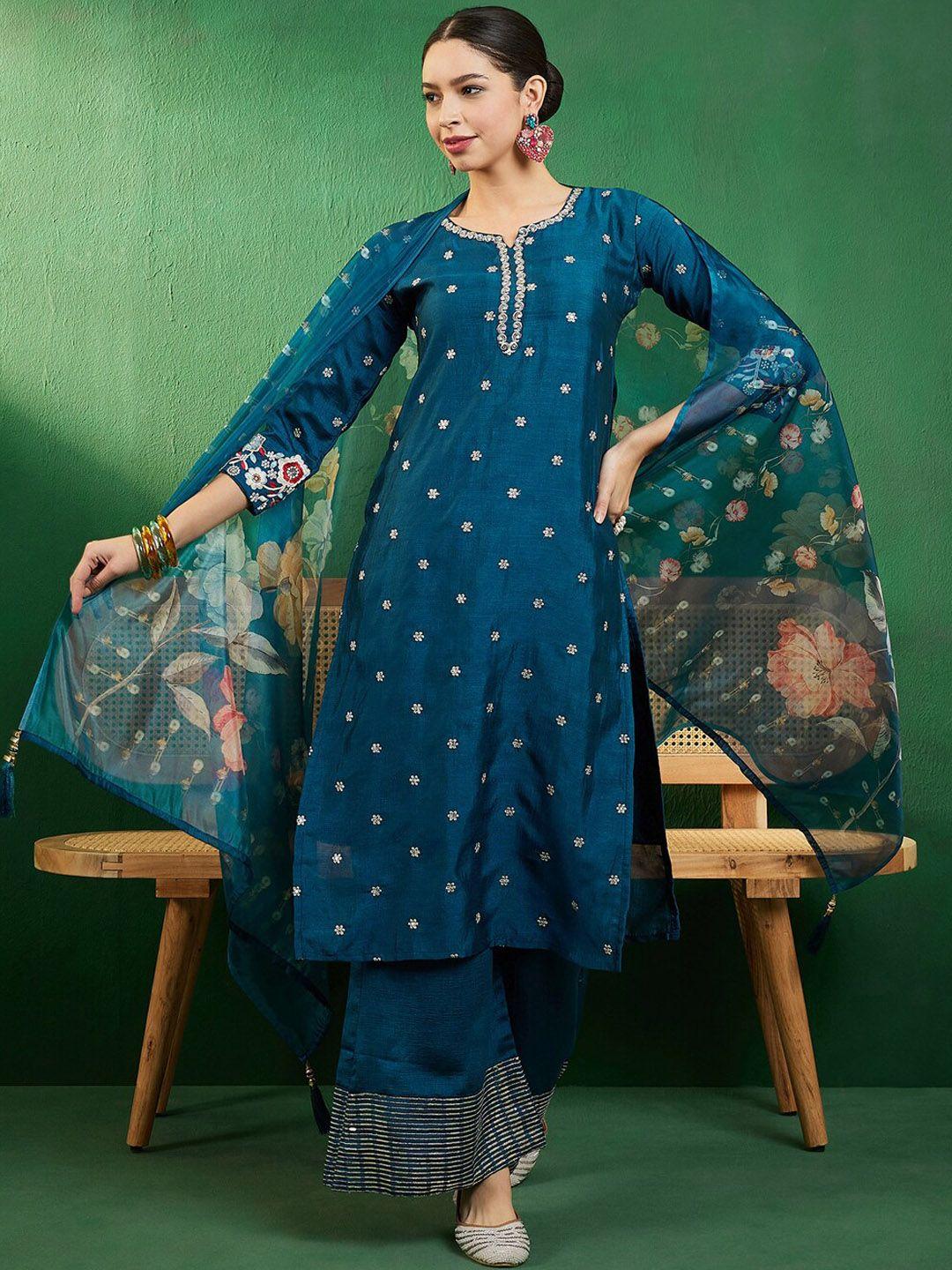 sangria teal blue floral embroidered straight kurta with palazzos & dupatta