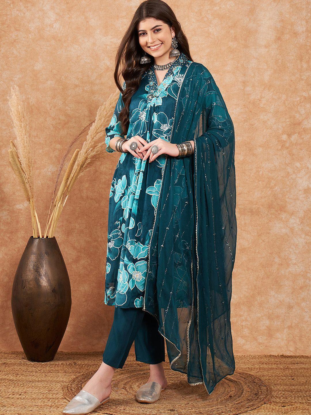 sangria teal floral printed sequinned a-line kurta with trouser & dupatta