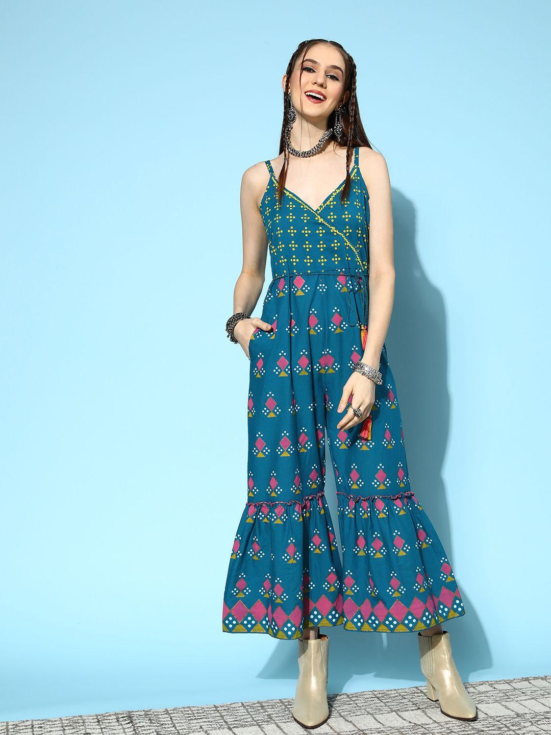 sangria teal green & pink ethnic motifs printed pure cotton basic jumpsuit
