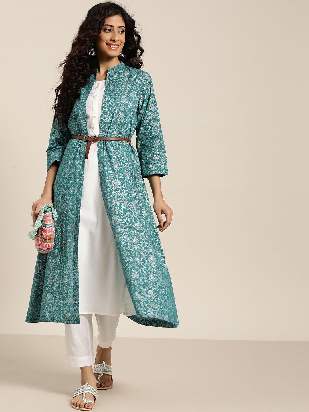 sangria teal green & white cotton solid kurta with trousers & longline ethnic jacket