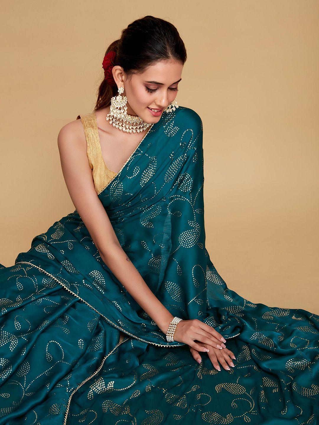 sangria teal green floral embellished saree