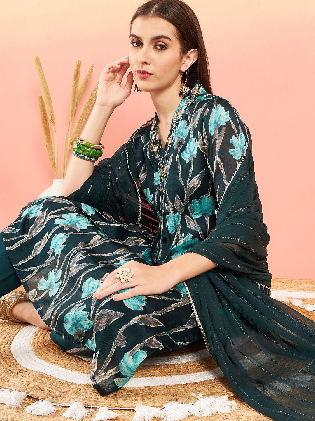 sangria teal green floral printed sequinned a-line kurta with trouser & dupatta