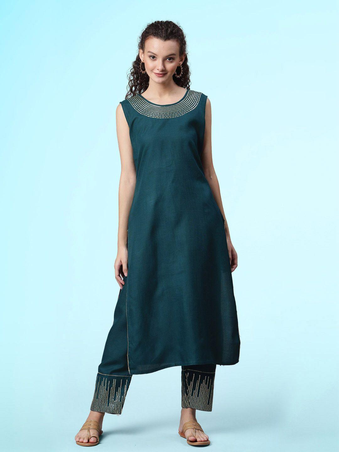 sangria teal green thread work straight kurta with trousers