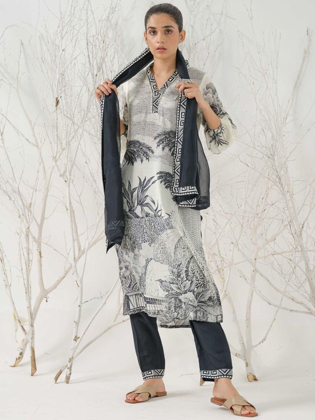 sangria tribal printed straight linen kurta with trousers & dupatta