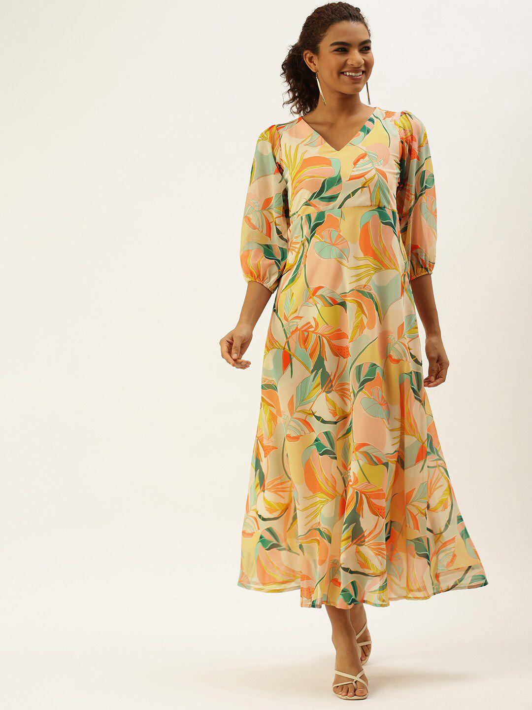 sangria tropical printed puff sleeves v-neck maxi fit & flare dress