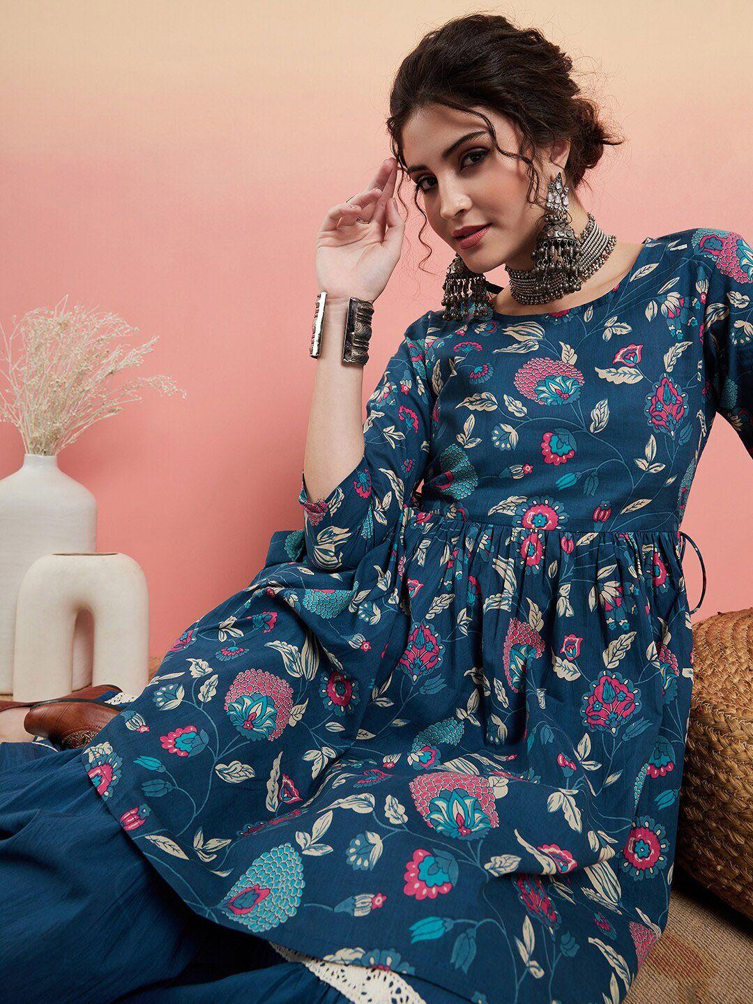 sangria tropical printed pure cotton a-line kurti with trousers