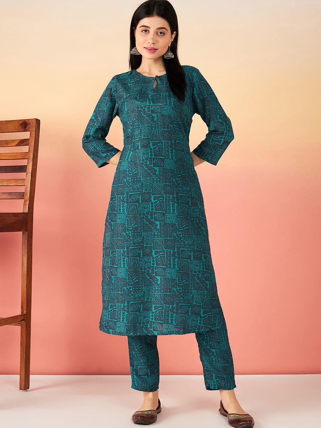 sangria turquoise blue & black ethnic motifs printed straight kurta with trousers