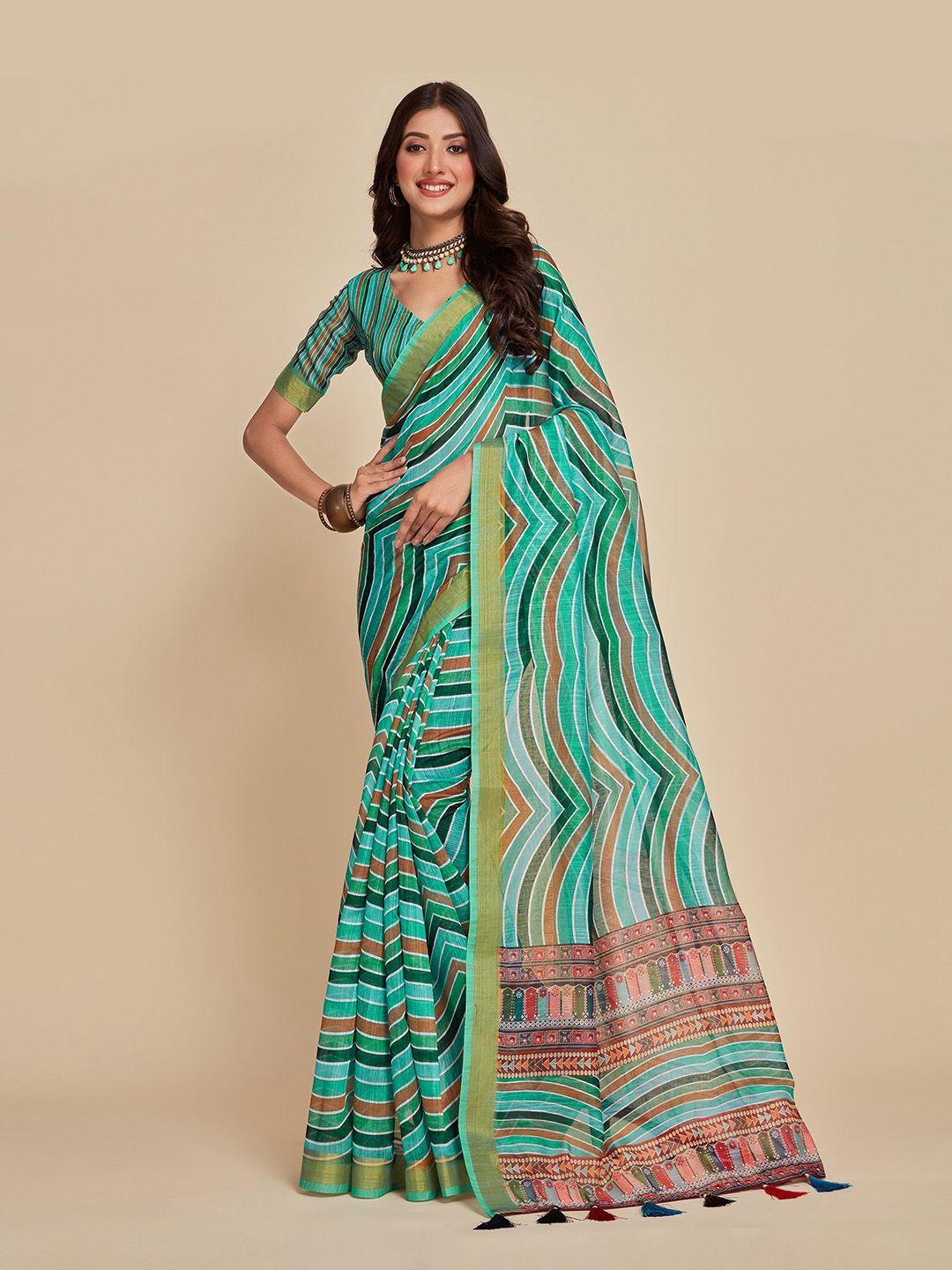 sangria turquoise blue & yellow abstract printed tasseled zari saree