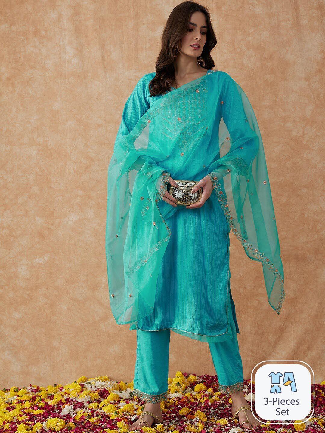 sangria turquoise blue floral embroidered sequinned kurta with trouser & dupatta