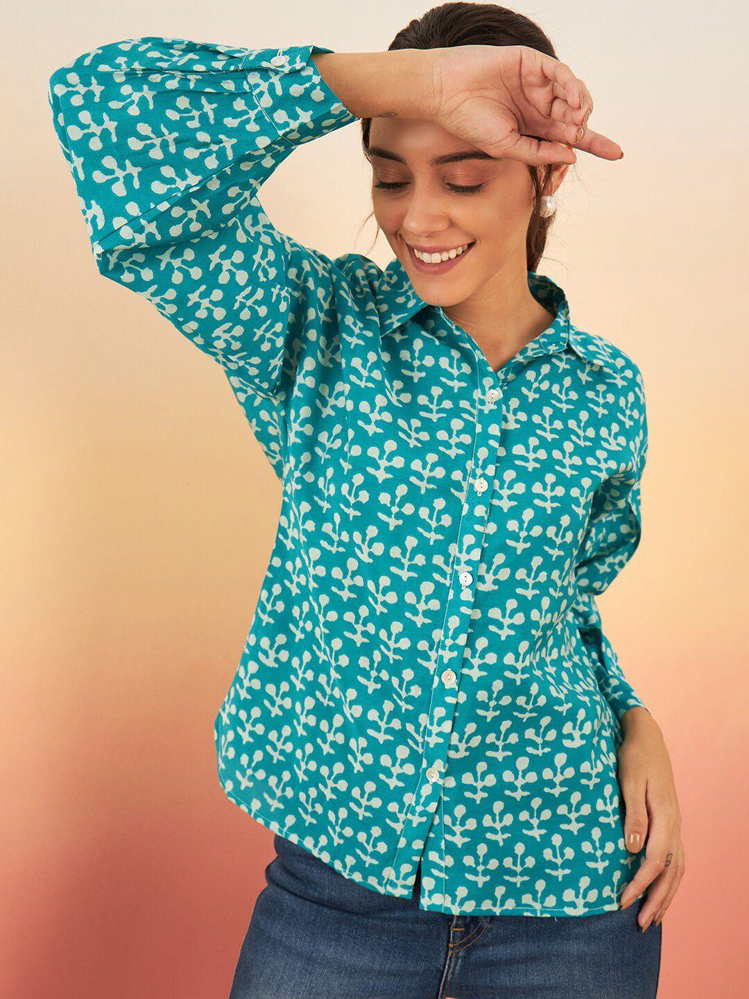 sangria turquoise blue floral print shirt style top