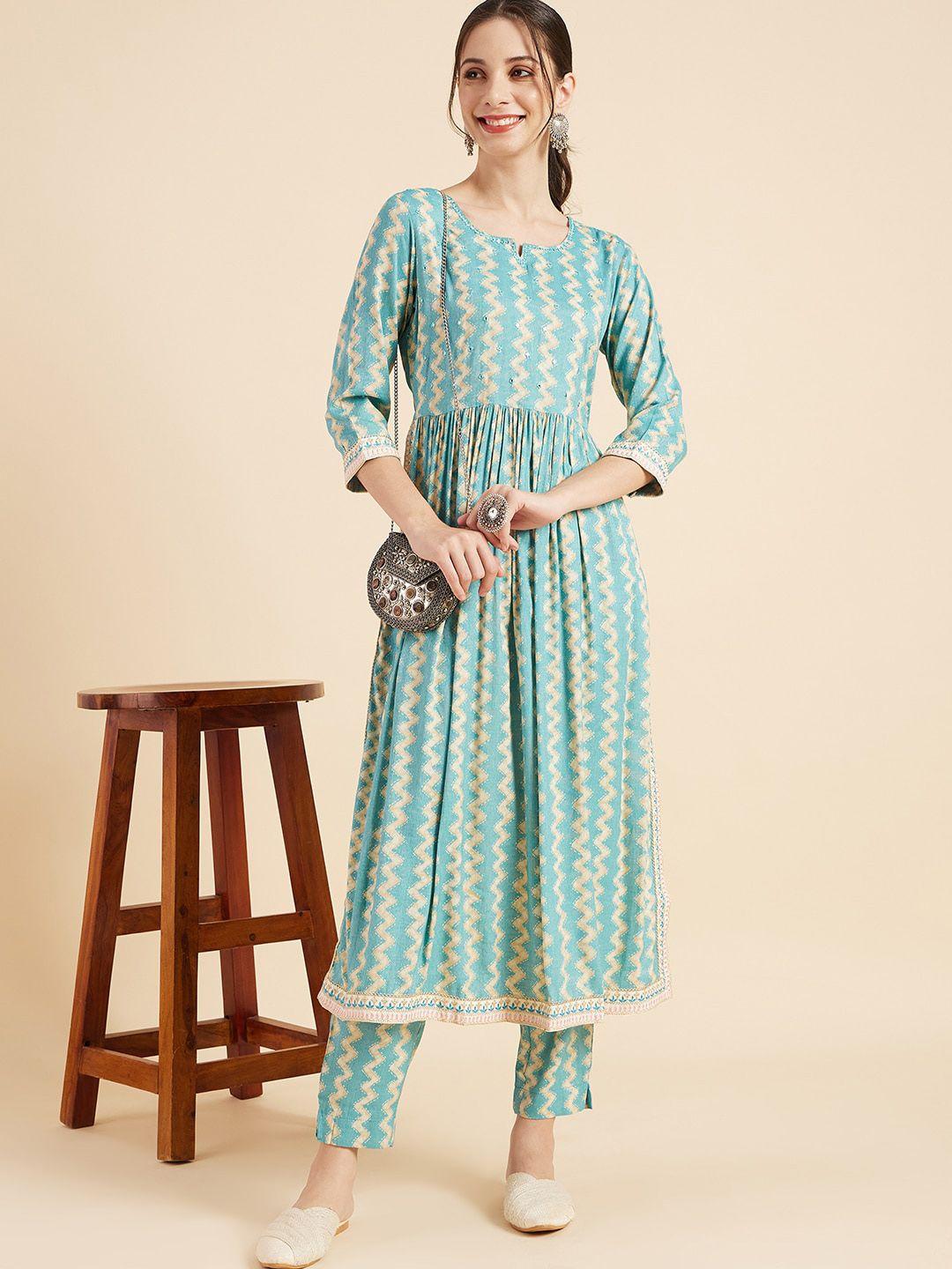 sangria turquoise blue geometric printed mirror work pleated a-line kurta & trouser