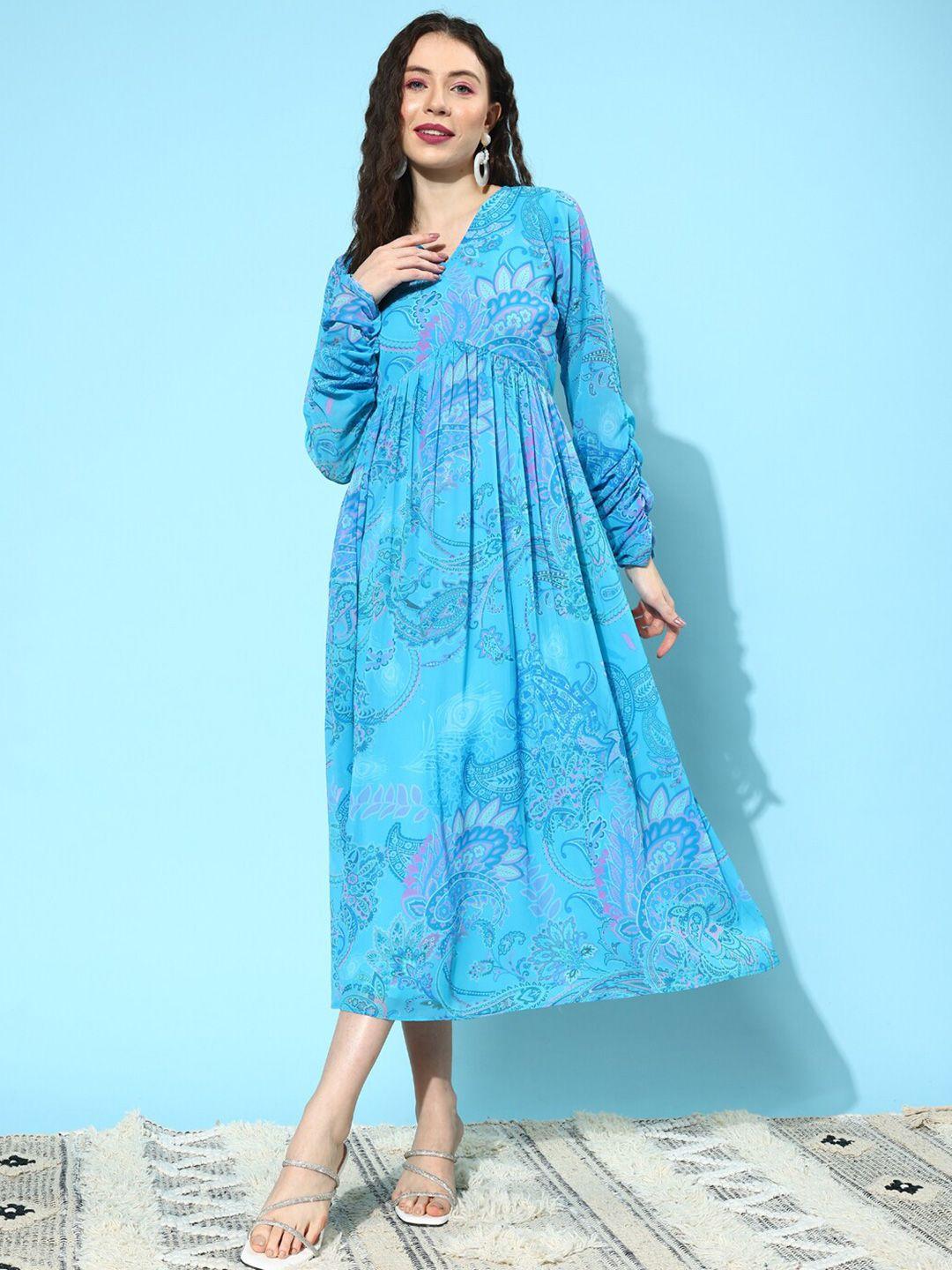 sangria turquoise blue paisley printed georgette flared maxi ethnic dresses