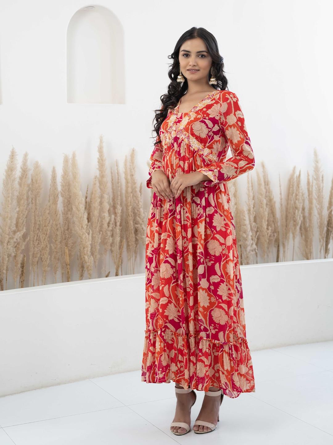 sangria v neck floral printed pleated empire maxi ethnic dress