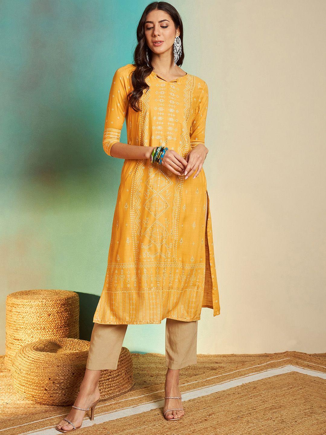 sangria v neck geometric print straight kurta