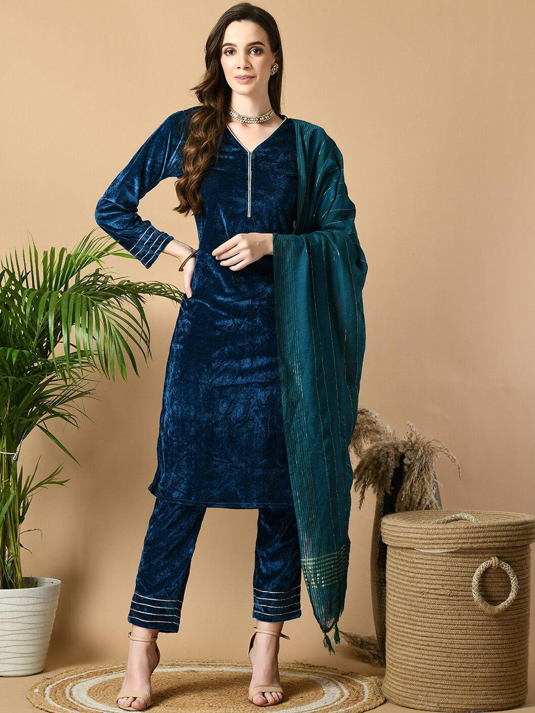 sangria v-neck gotta patti velvet straight kurta with trousers & dupatta