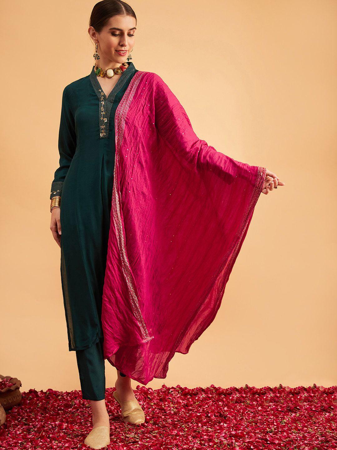 sangria v-neck sequinned straight kurta with trouser & dupatta