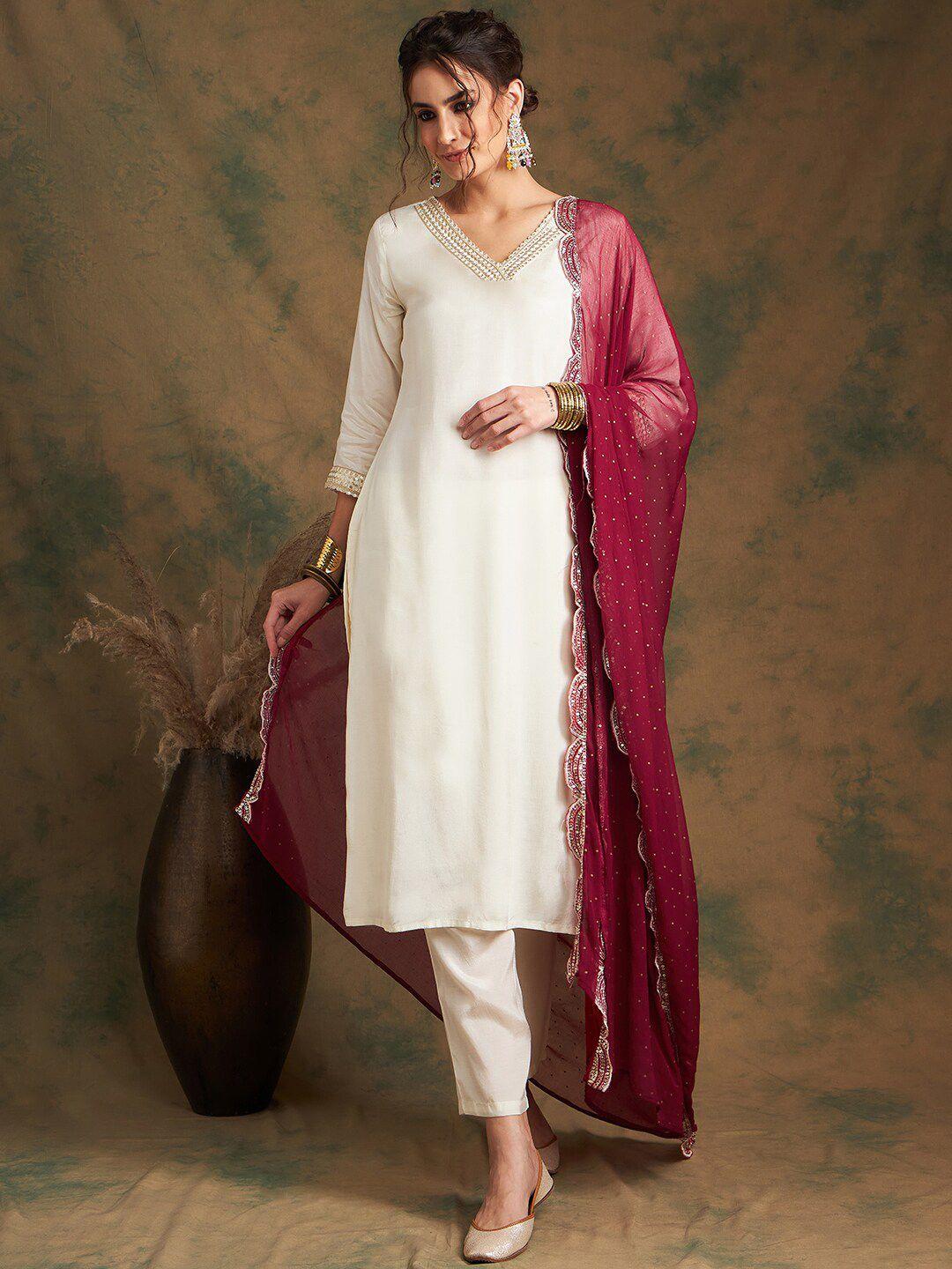 sangria v-neck sequins straight kurta with trousers &dupatta