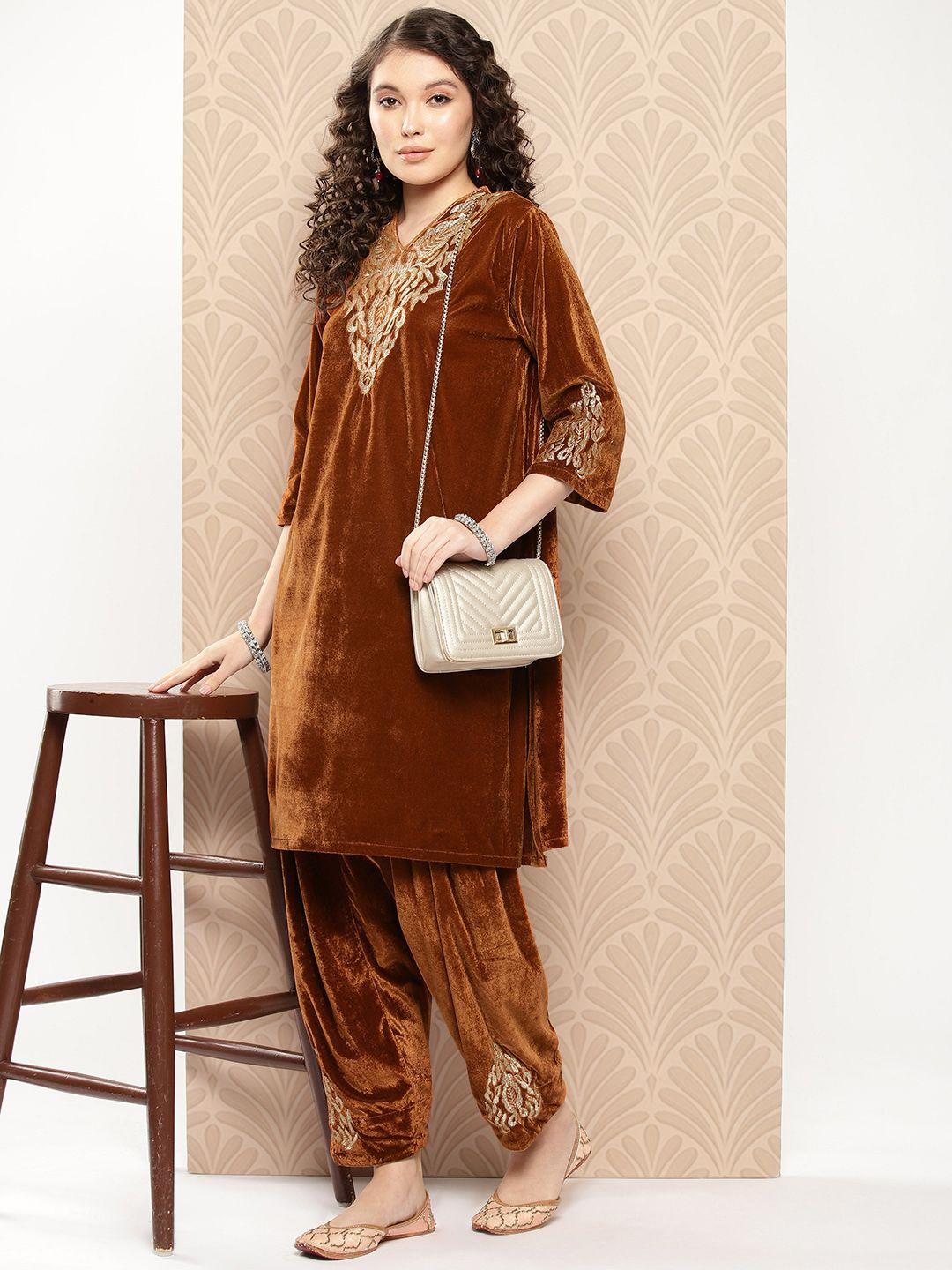 sangria velvet finish ethnic embroidered kurta & salwar set