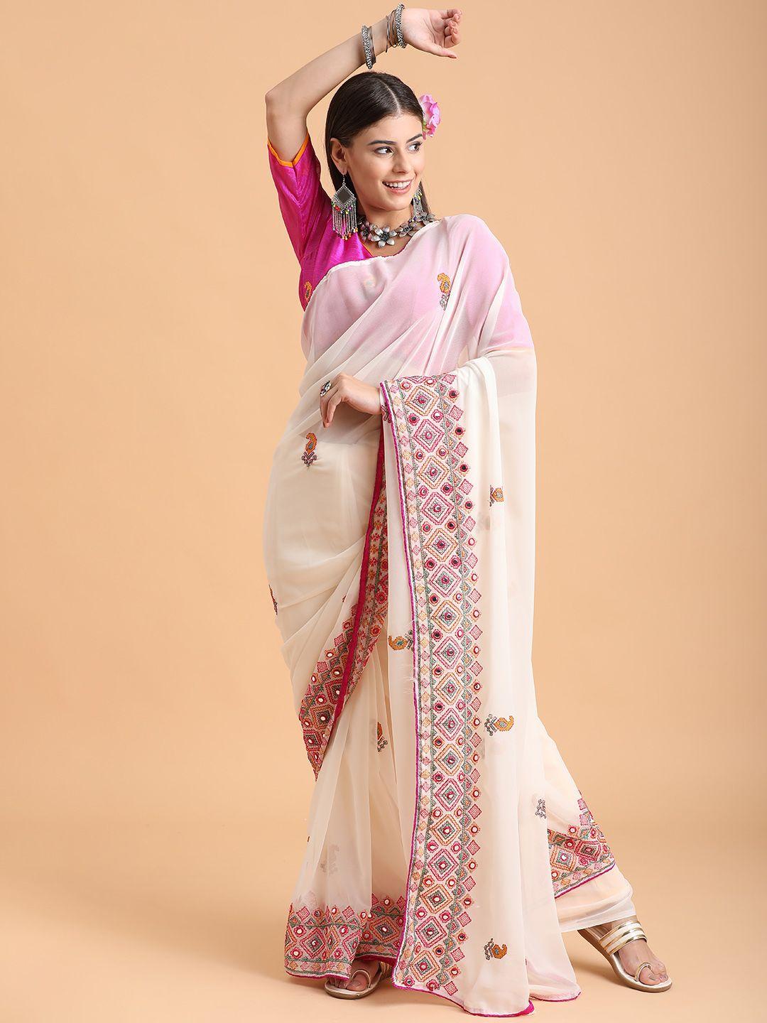 sangria white & pink ethnic motifs kashmiri mirror work pure georgette saree