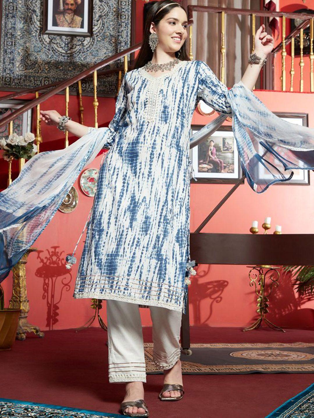 sangria white dyed thread work pure cotton straight kurta & trouser with dupatta set