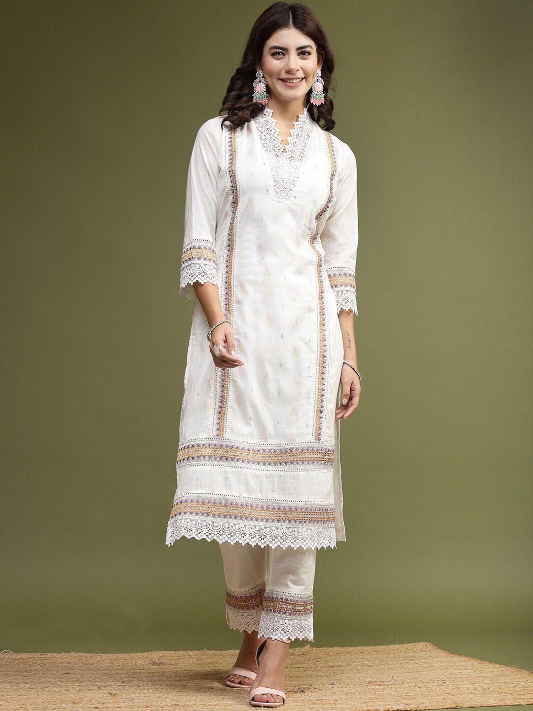 sangria white embroidered pure cotton v-neck kurta with trousers