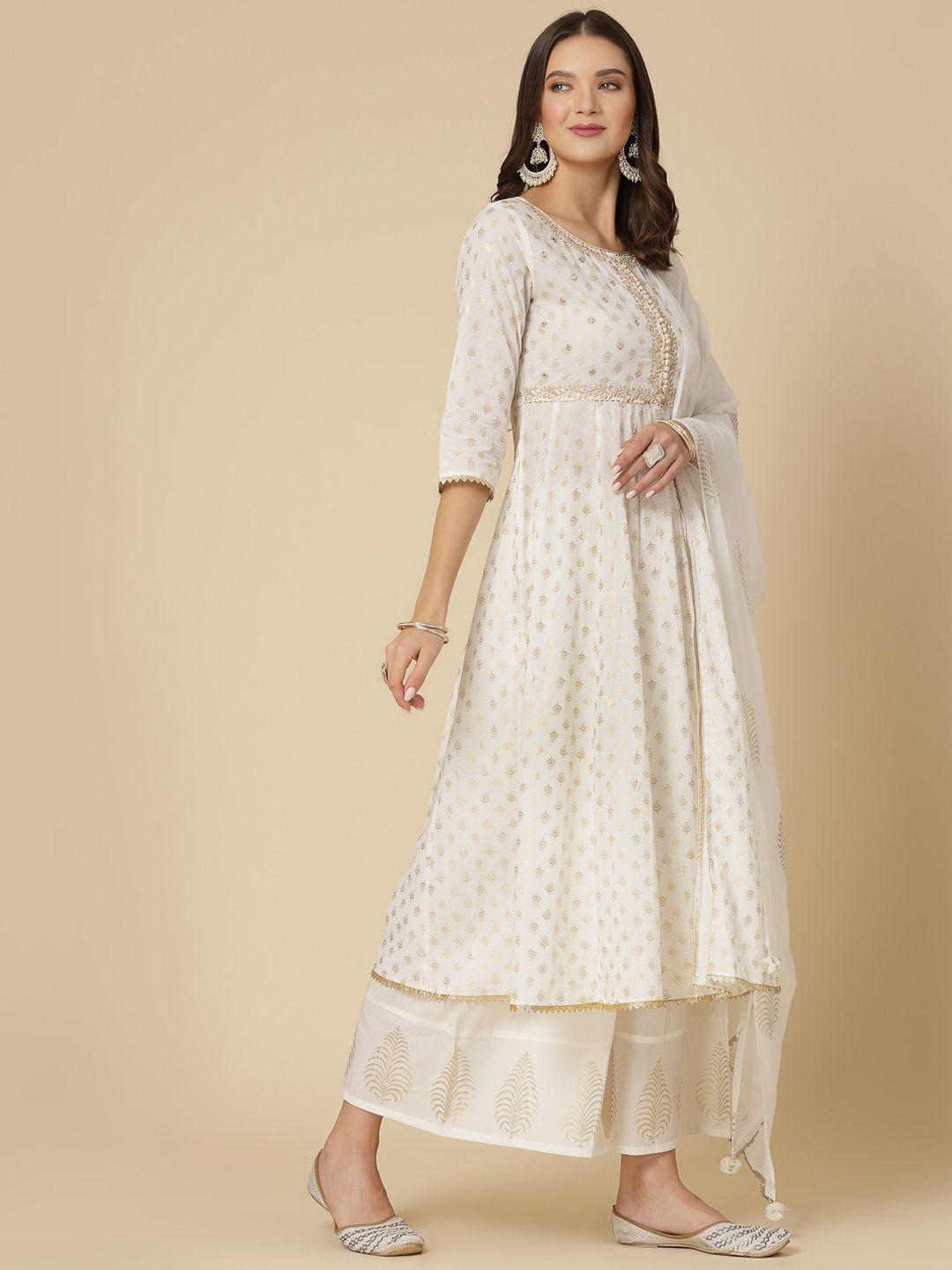 sangria white ethnic printed pure cotton gotta patti a-line kurta with palazzo & dupatta