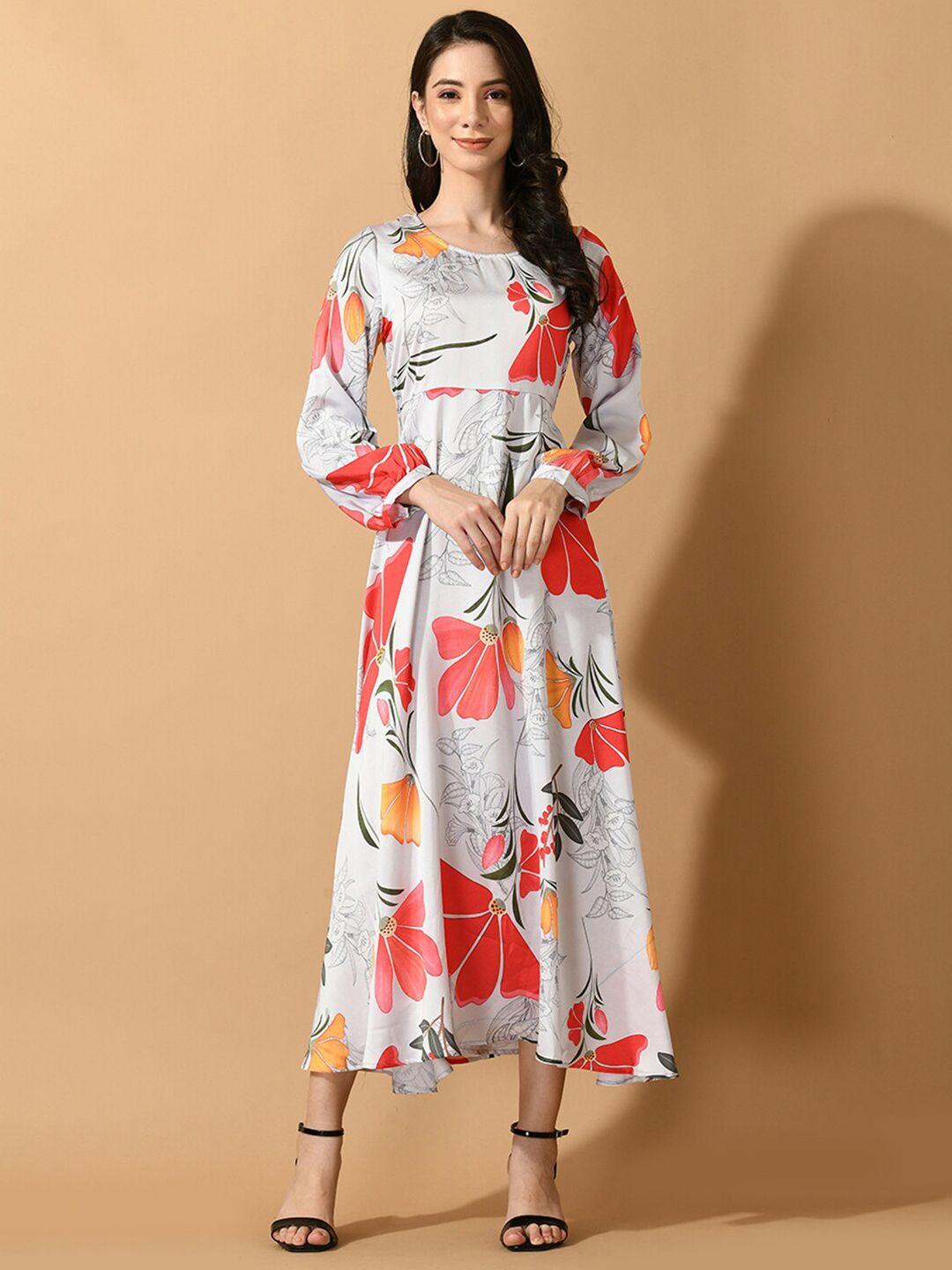 sangria white floral printed cuffed sleeves fit & flared midi satin dress