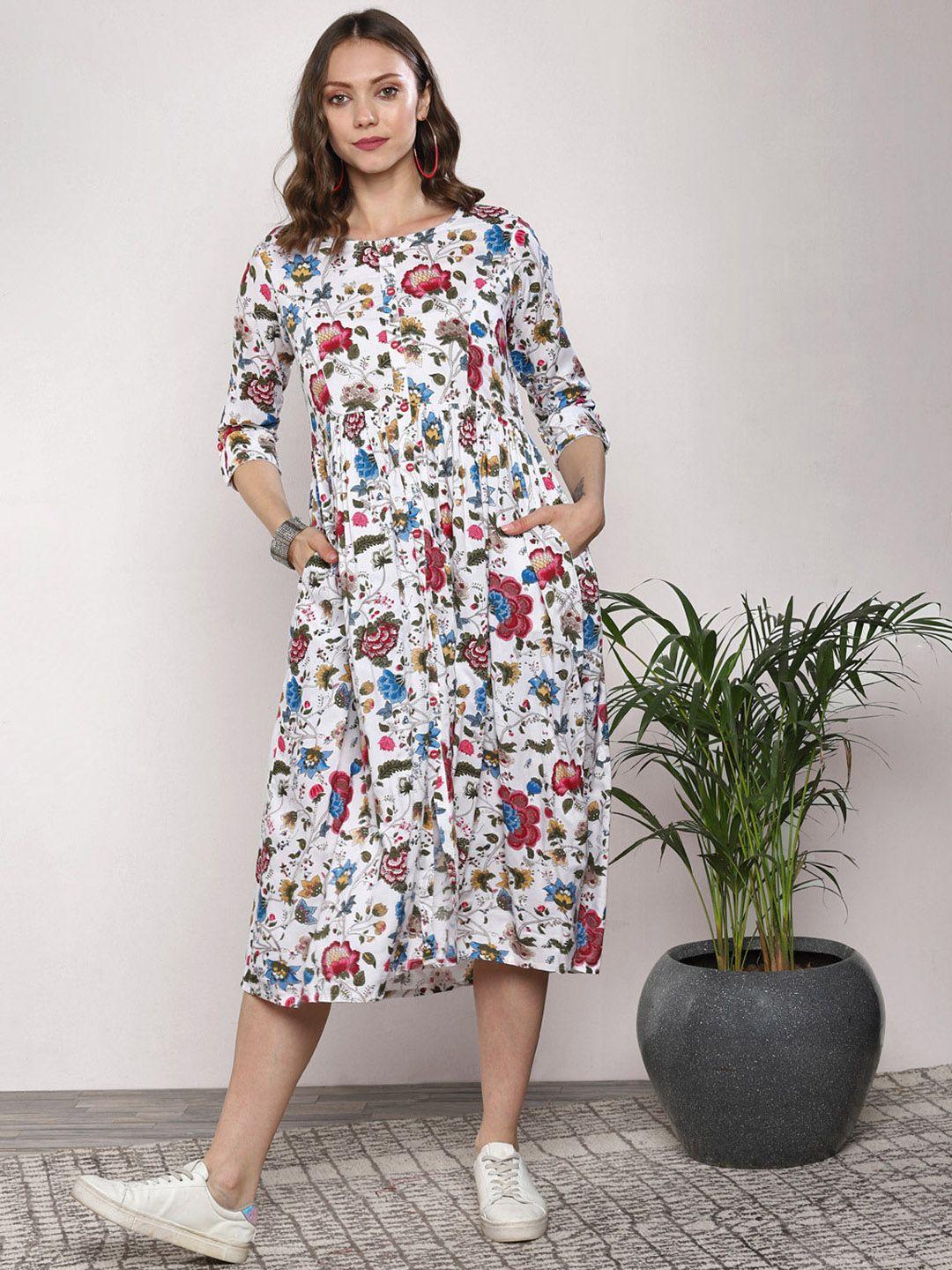 sangria white floral printed fit and flare dress