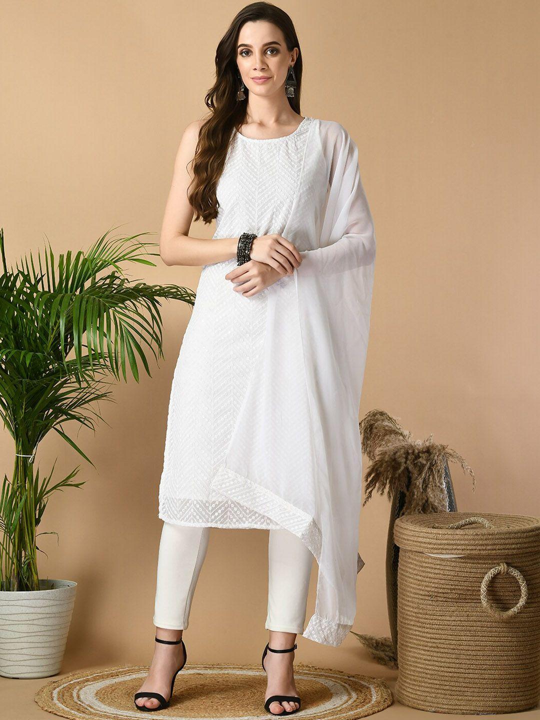 sangria white geometric embroidered sleeveless sequinned dobby straight kurta with dupatta