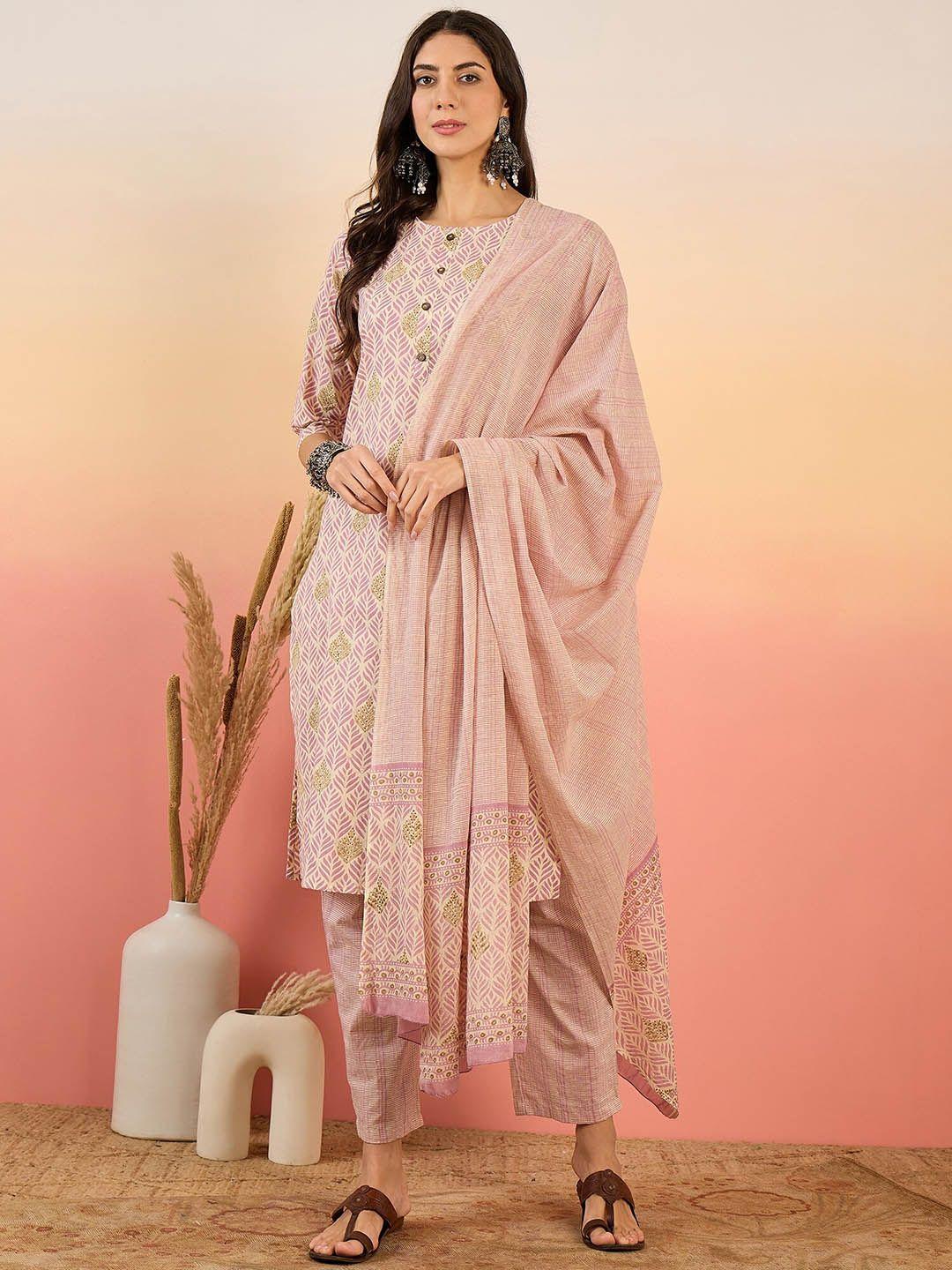 sangria women's mauve & beige ethnic motifs printed kurta with trousers & dupatta set