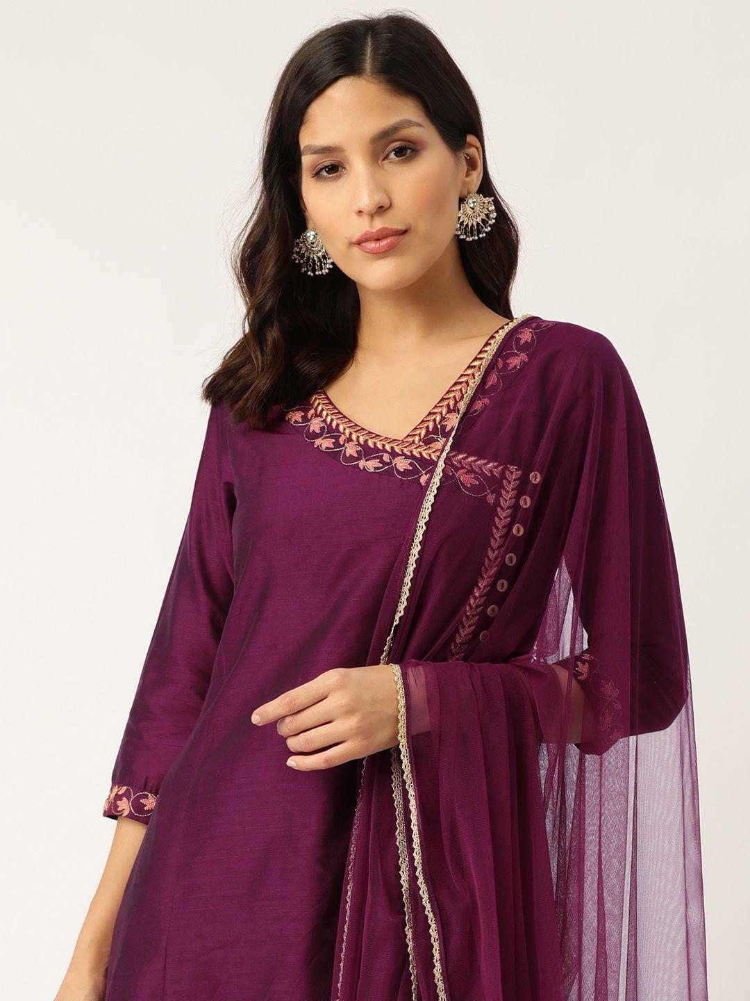 sangria women aubergine & golden embroidered detail angrakha kurta with palazzos & dupatta