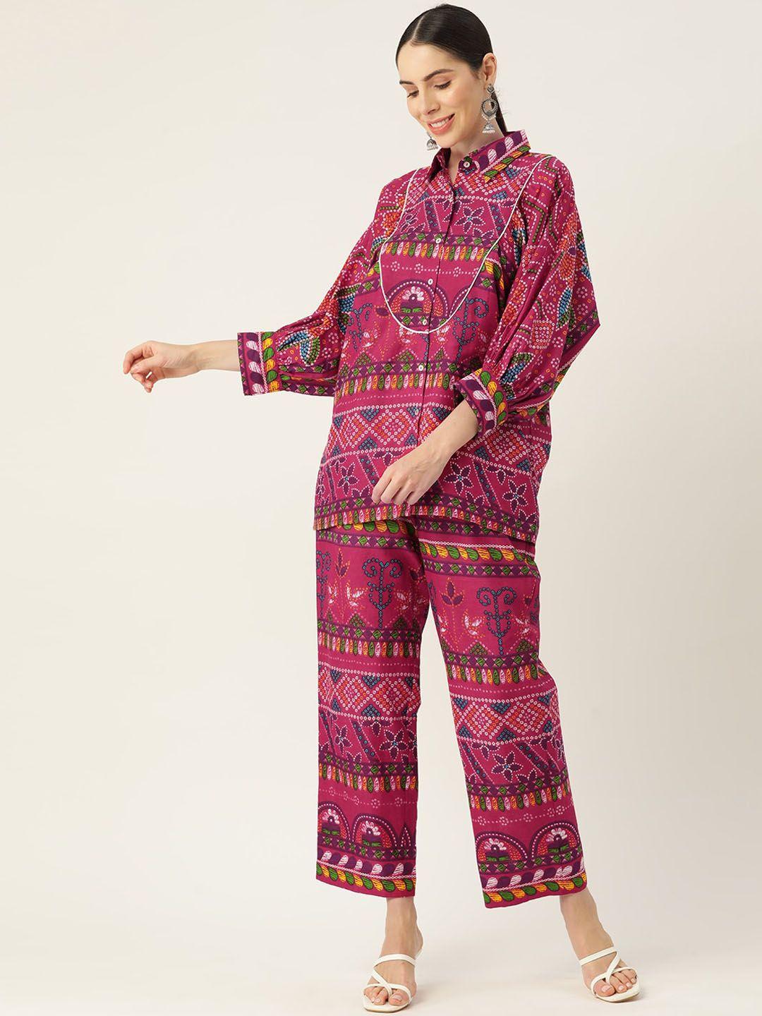 sangria women bandhej printed pure-cotton shirt & palazzo co-ords