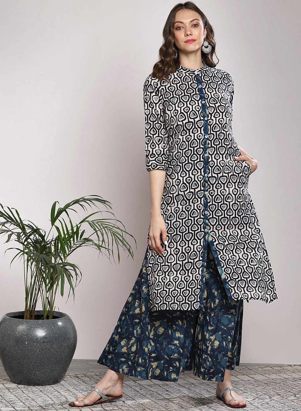 sangria women beige & black printed kurta with palazzos