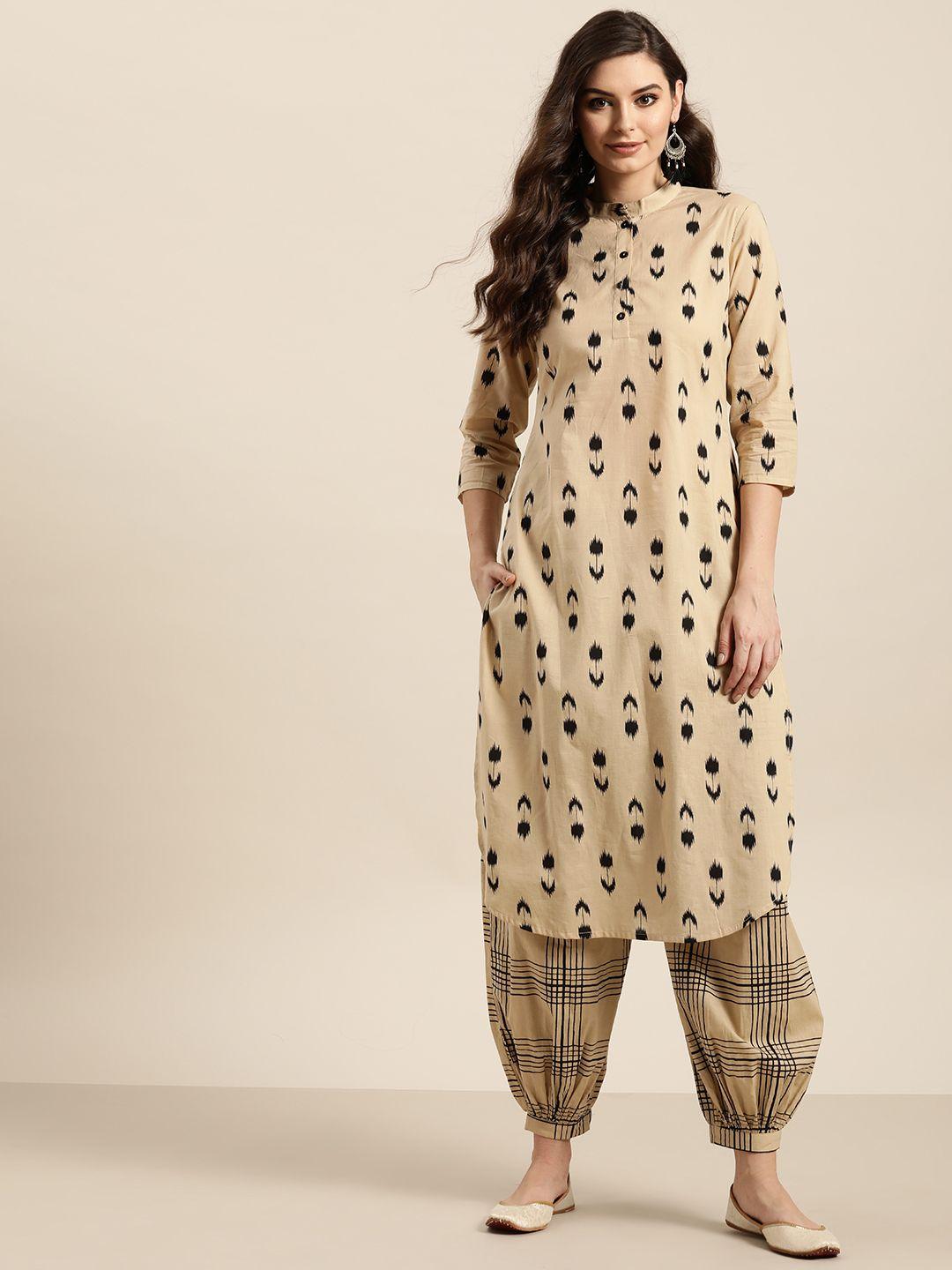 sangria women beige & black pure cotton printed kurta with salwar